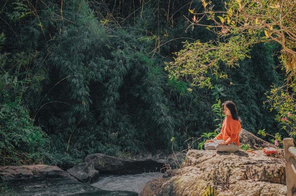 A woman practicing yoga by the river on a forest