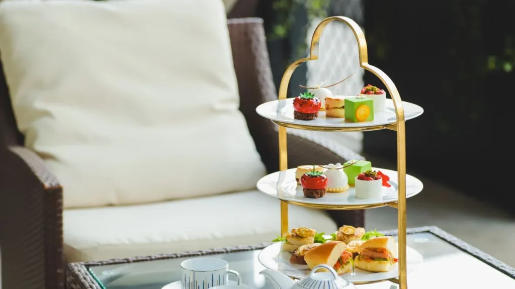 dento three tiered afternoon tea stand flowers
